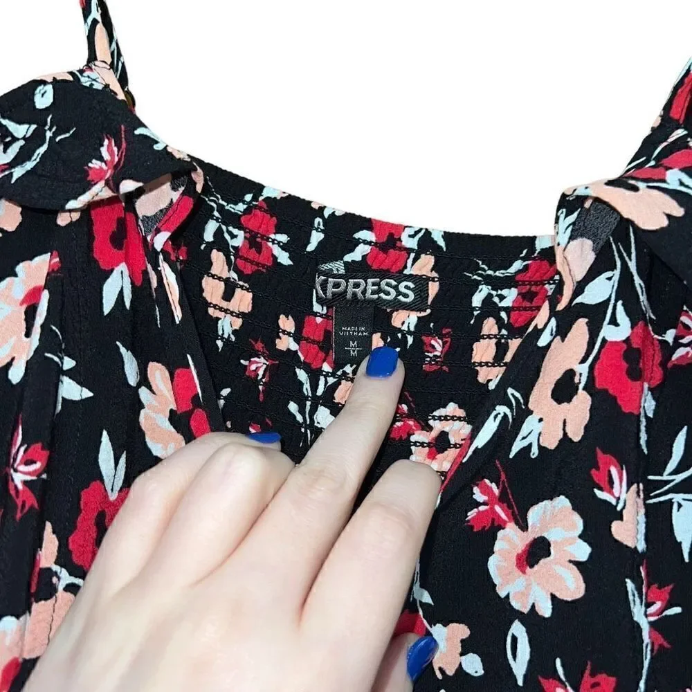 EXPRESS Floral Ruffle Red Black ColorBlock Dress W/ Double Slits Size M - Picture 7 of 7